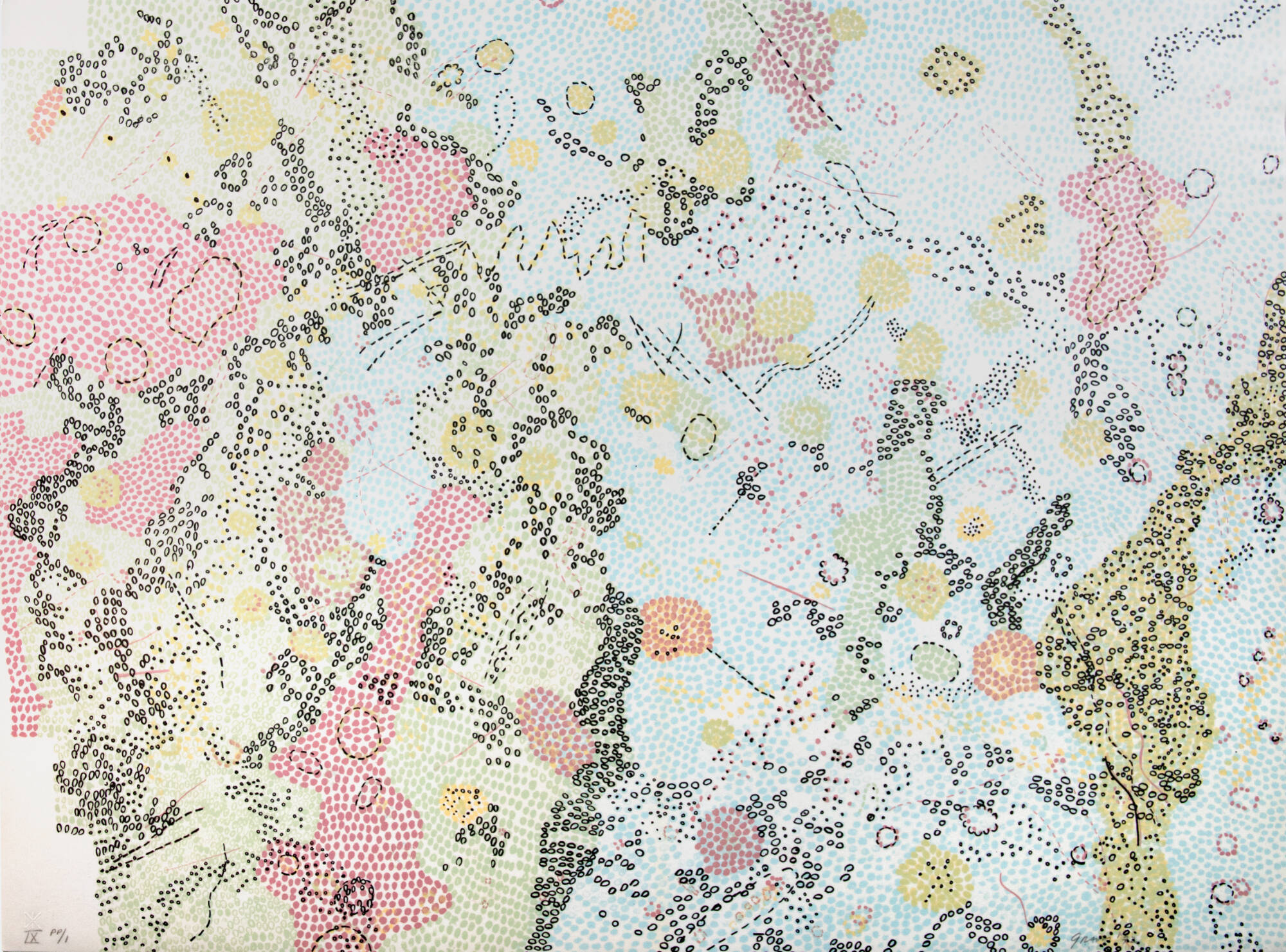 Abstract print created with lots of little dots in shades of pink, blue, yellow, and areas of black.